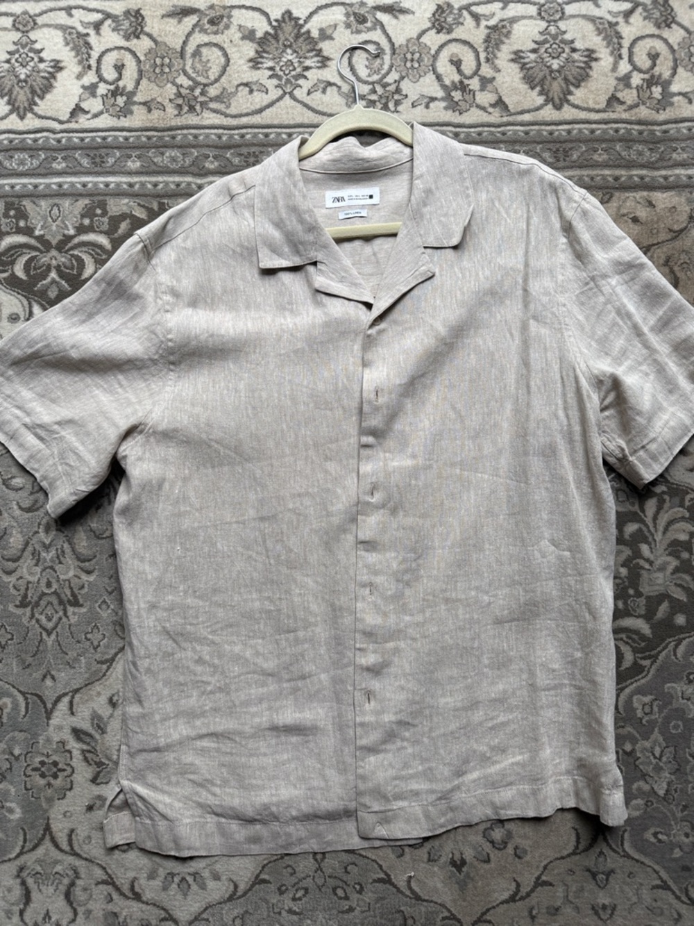 Zara Men Light Beige Short-Sleeve Linen Camp Shirt